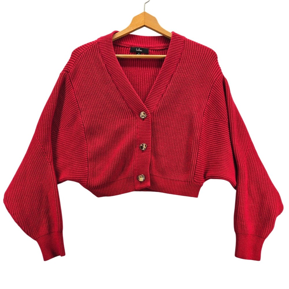 Lulus Red Cropped Ribbed Knit Cardigan Dolman Sleeve V-Neck Button Front Medium